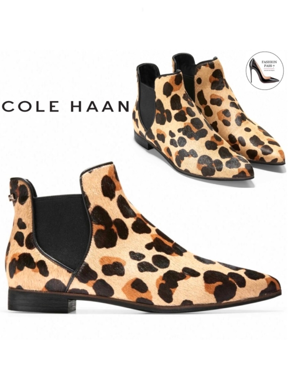 COLE HAAN HARA Leopard Chelsea Booties Animal Print Leather Low Block Heel boots